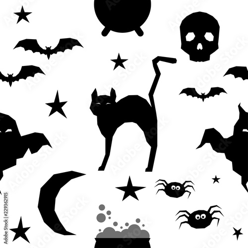Abstract monochrome happy halloween seamless background. Modern pattern for halloween card, party invitation, menu, wallpaper, holiday shop sale, bag print, t shirt, workshop advertising etc.