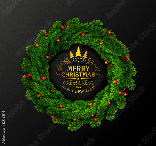 Vector holiday illustration for Christmas and New Year. Round garland, christmas wreath  of fir branches and red berries on a black background. Template for banner, festive card.