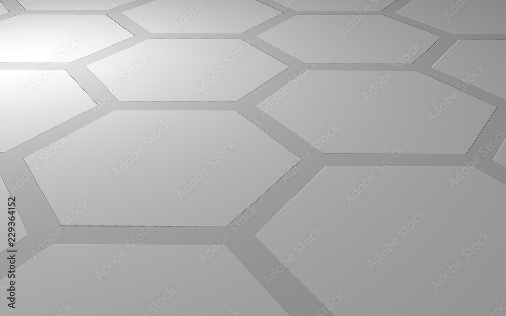 Fototapeta premium Honeycomb on a gray background. Perspective view on polygon look like honeycomb. Extruded, bump cell. Isometric geometry. 3D illustration