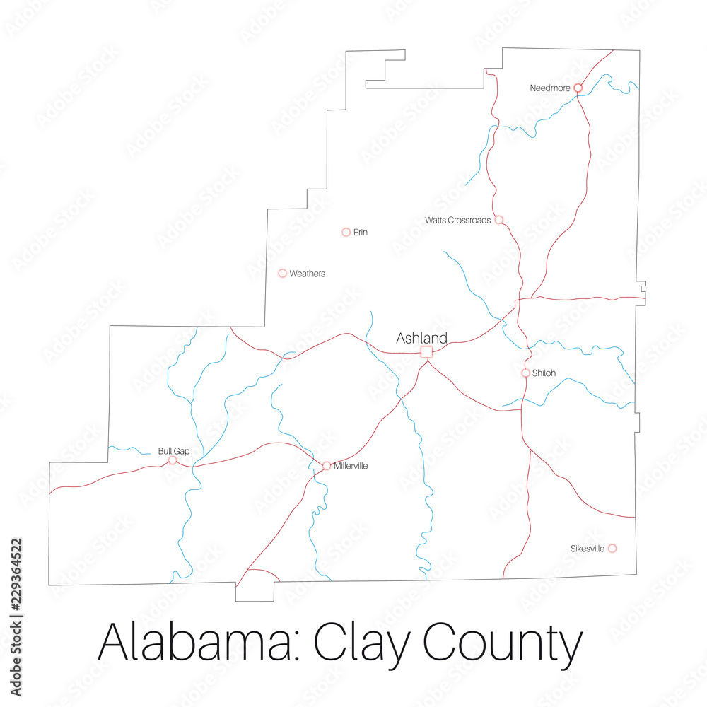 Detailed map of Clay county in Alabama, USA