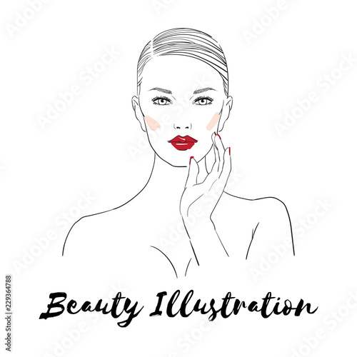 Beautiful woman face with nude makeup hand drawn vector illustration. Stylish original graphics portrait with beautiful young attractive girl model. Fashion, style, beauty. Graphic, sketch drawing.