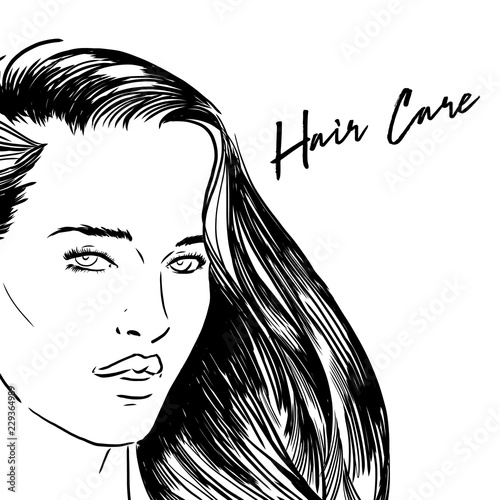Beauty Illustration . Hand drawn fashion portrait of young woman with light make up and ponytail hairstyle . Logo Products for damaged and dry hair. Vector illustration. Hair care. Beautiful wavy hair