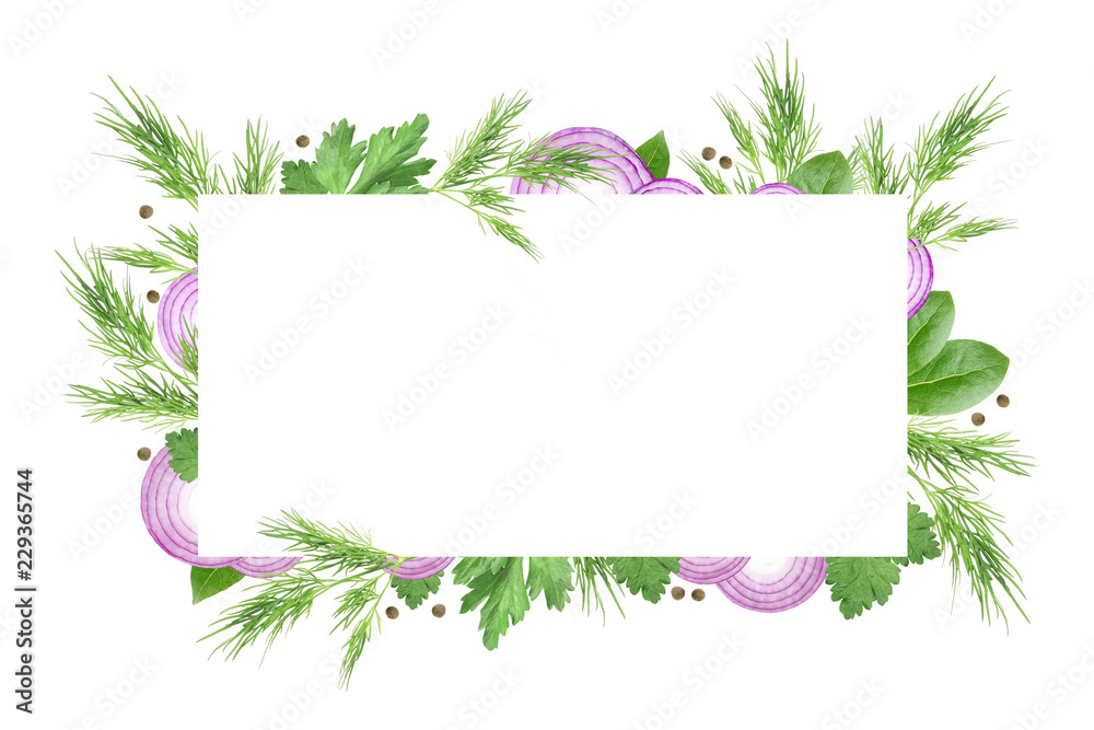 Vegetables and spices frame template. Card design. Purple sliced onion, dill, parsley, peppercorns and laurel leaves border isolated on a white background. An edible design, place for text, copyspace. Vegetables and spices frame template. Card design. Purple sliced onion, dill, parsley, peppercorns and laurel leaves border isolated on a white background. An edible design, place for text, copyspace.