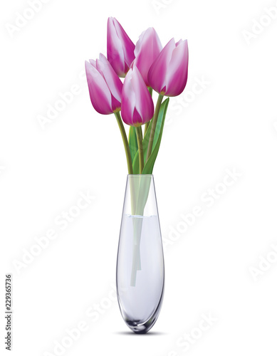 Bouquet of violet tulips in a glass vase on a white. Realistic vector 3d illustration