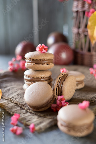 French cake Macaron with chocolate filling and autumn leaves and pink flowers