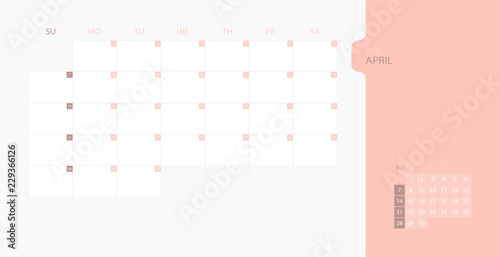 Calendar design template for 2019 Simple planner for April month, week starts on sunday. Design print template with place for logo company. Flat vector illustration EPS10