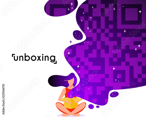 Girl open box in flat style. Cartoon character vector illustration.