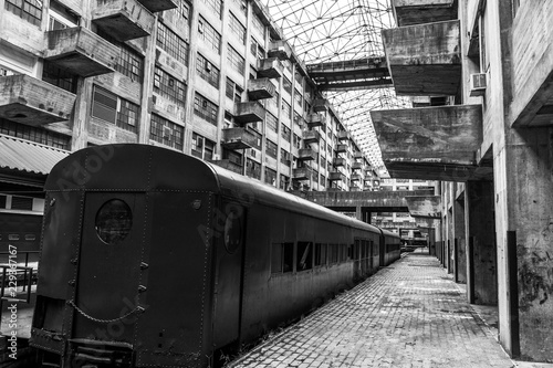 Abandoned train terminal in black and white 