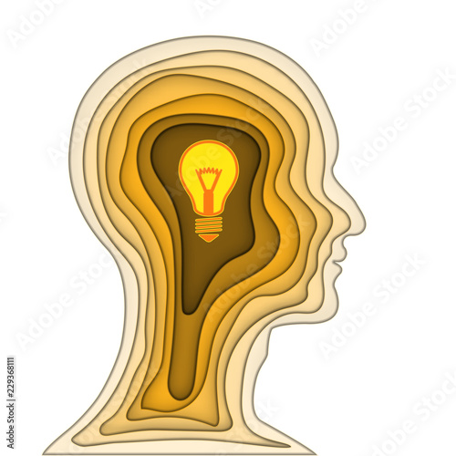 Paper carve cut layer of human head and light bulb brain on orange background as business, science,intelligence idea, art and craft style concept. vector illustration..
