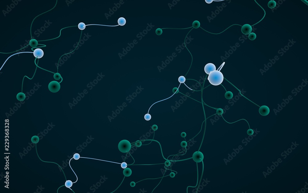 Obraz premium Neural network. Social network. Futuristic dna, deoxyribonucleic acid. Abstract molecule, cell illustration, mycelium. Dark background. 3D illustration