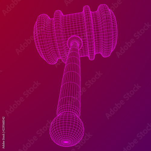 Gavel, hammer of judge or auctioneer. Wireframe low poly mesh vector illustration