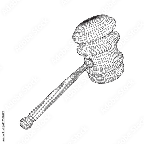 Gavel, hammer of judge or auctioneer. Wireframe low poly mesh vector illustration