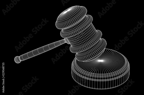 Gavel, hammer of judge or auctioneer. Wireframe low poly mesh vector illustration