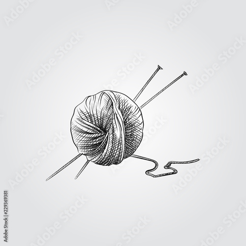 Hand Drawn Ball of knitting wool and knitting needles Sketch Symbol isolated on white background. Vector of Knitting elements In Trendy Style