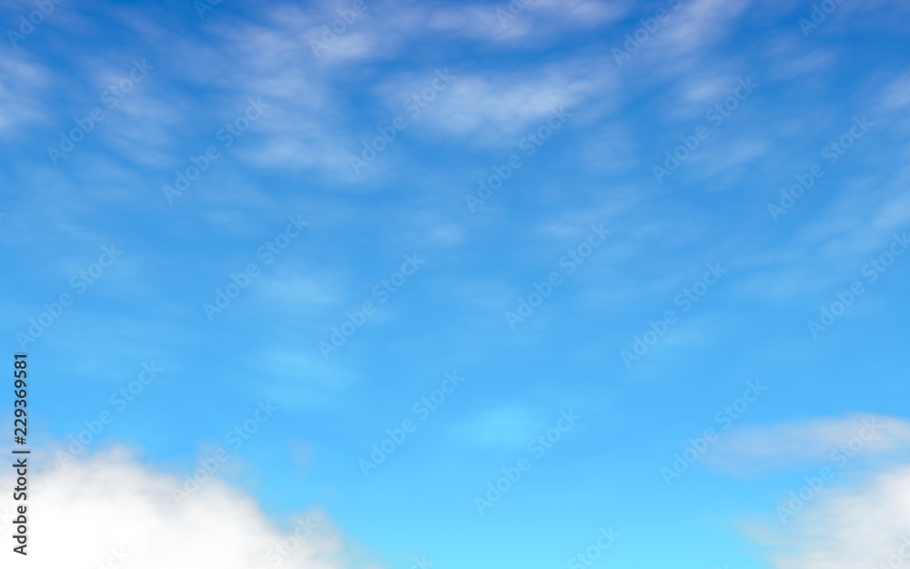 Blue sky background with white clouds. Abstraction group of clouds on clear blue sky on sunny day. 3D illustration