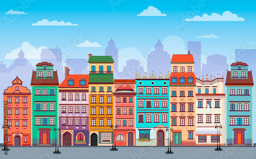 Flat cartoon multicolor colorful historic buildings city town Flat Warsaw cityscape panorama Poland, multi color street
