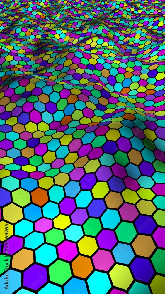 Honeycomb multi-colored. Perspective view on polygon look like honeycomb. Wavy surface. Isometric geometry. 3D illustration Honeycomb multi-colored. Perspective view on polygon look like honeycomb. Wavy surface. Isometric geometry. 3D illustration