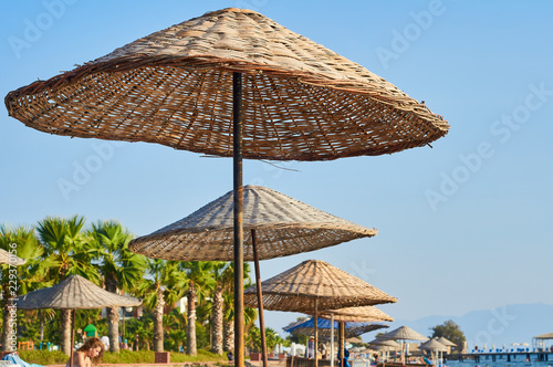 Beach with sun umbrellas and loungers. The coast resorts of the Aegean Sea of Turkey. Turgutreis   Bodrum.