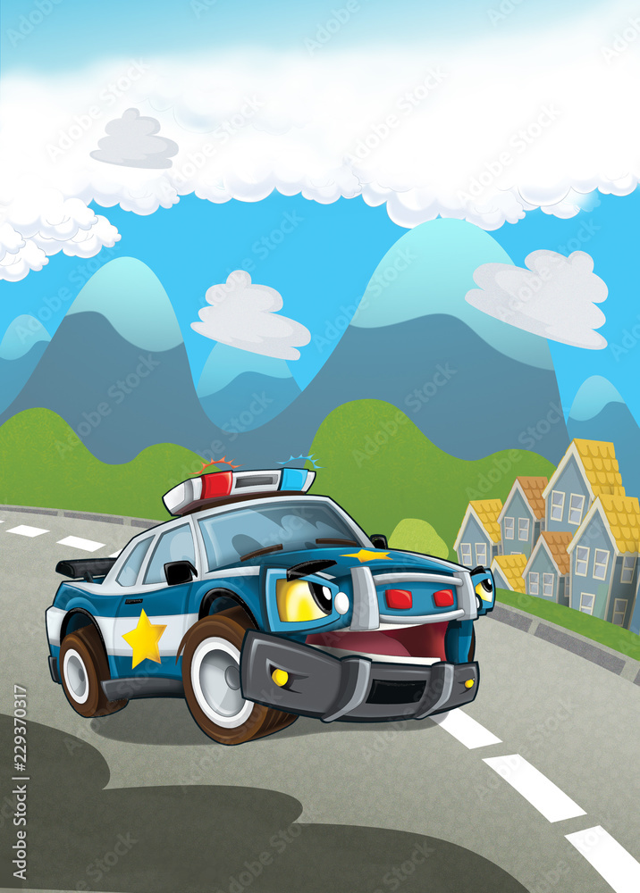 Plakat Sceny kreskówki z szczęśliwy samochód policyjny na patrolowania ulicy - obowiązek - ilustracja dla dzieci