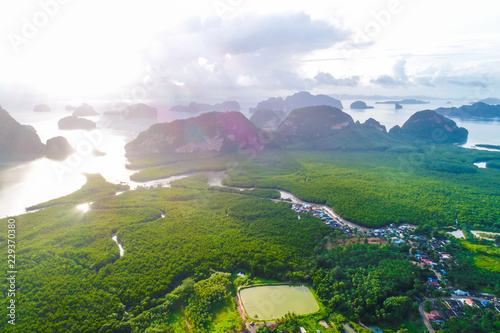 Aerial view morning sunrise on mangrove forest mountain landscape