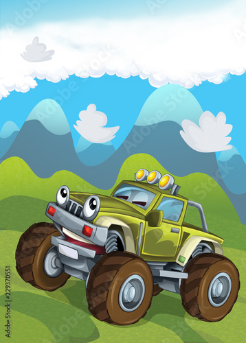 cartoon scene with offroad car in the mountains - illustration for children © honeyflavour