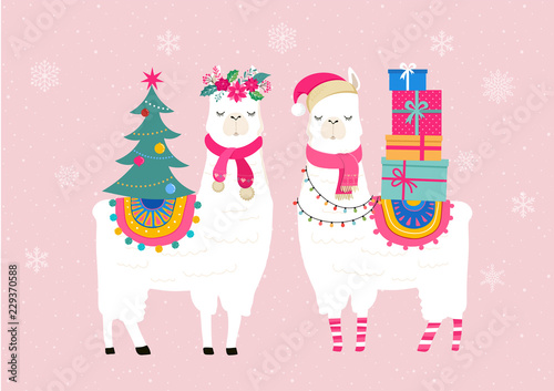 Llama winter illustration, cute design for nursery, poster, Merry christmas, birthday greeting card