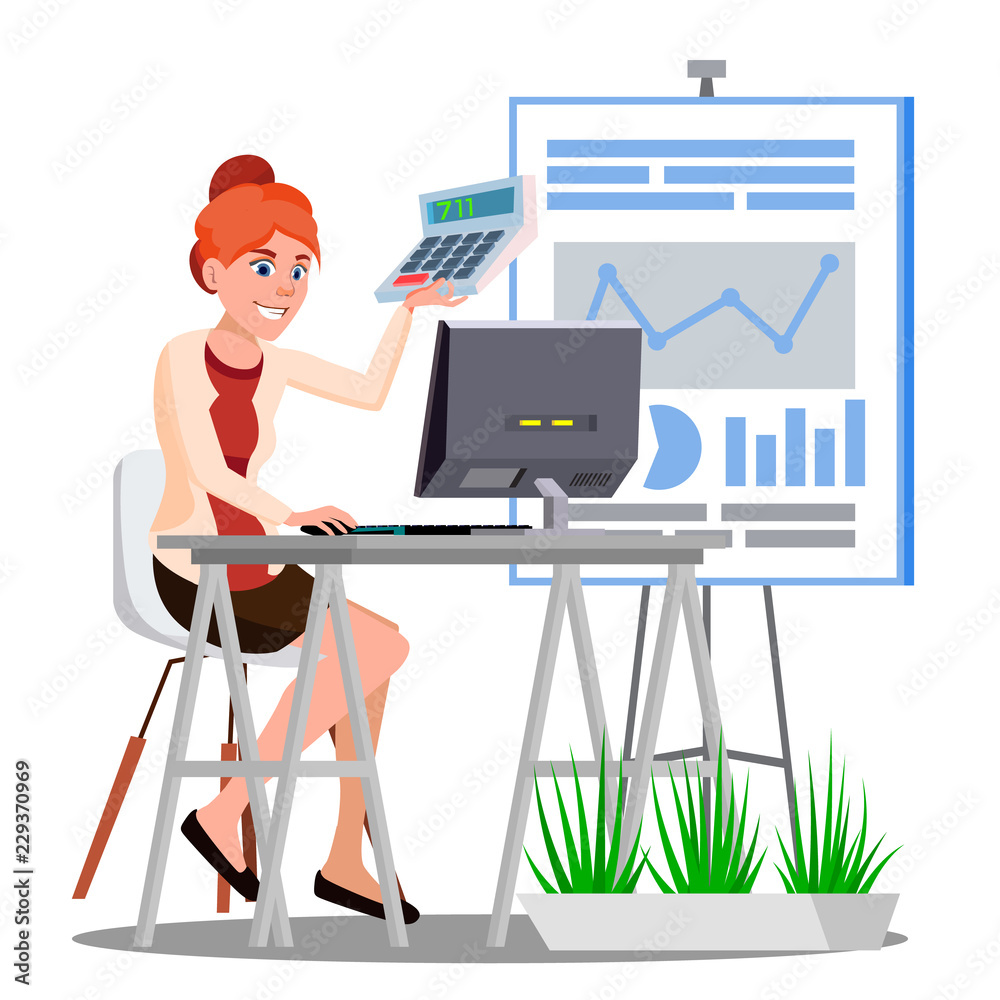 Accounting, Woman Counting Money At The Table With Computer And Calculator Vector. Isolated Illustration