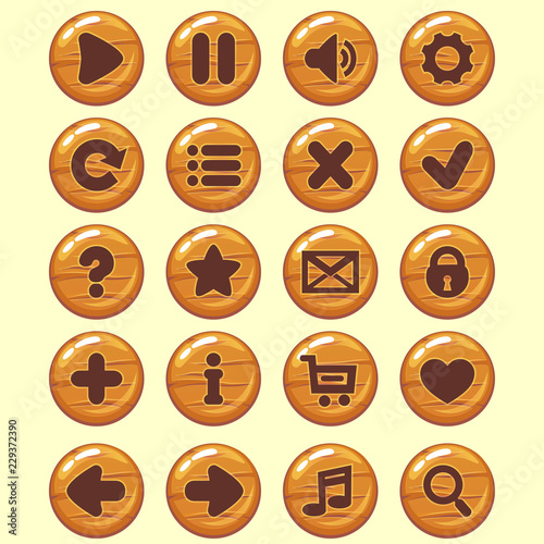 GUI wooden round buttons set. Game menu icons