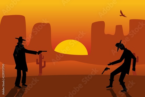 Two gunslingers duel. Desert sunset. Color flat vector illustration.