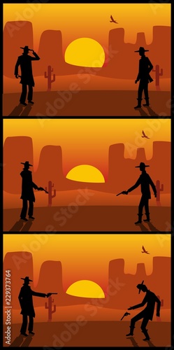 Two gunslingers duel. Desert sunset. Color flat vector illustration.