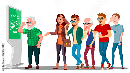 Problem Of Cash Withdrawal, Big Line Of People To Atm Vector. Isolated Illustration