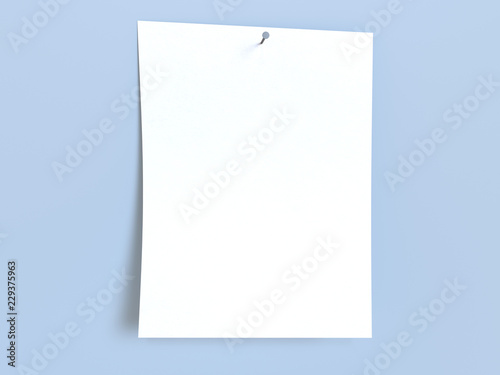 Empty paper sheet on a light blue surface. 3D rendering