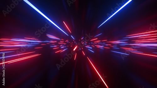 Fototapeta Naklejka Na Ścianę i Meble -  Abstract bright creative cosmic background. Hyper jump into another galaxy. Speed of light, neon glowing rays in motion. Beautiful fireworks, colorful explosion, big bang. Falling stars. 3d rendering