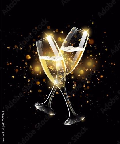 Sparkling glasses of champagne on black background, gold bokeh effect, realistic wineglass with fizzy drink, celebrate concept, vector illustration