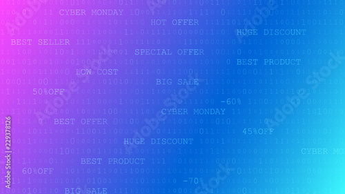 Cyber monday background of zeros, ones and inscriptions in purple and blue colors