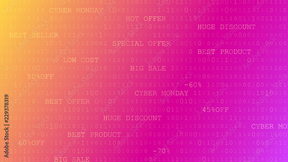 Cyber monday background of zeros, ones and inscriptions in purple and yellow colors Cyber monday background of zeros, ones and inscriptions in purple and yellow colors