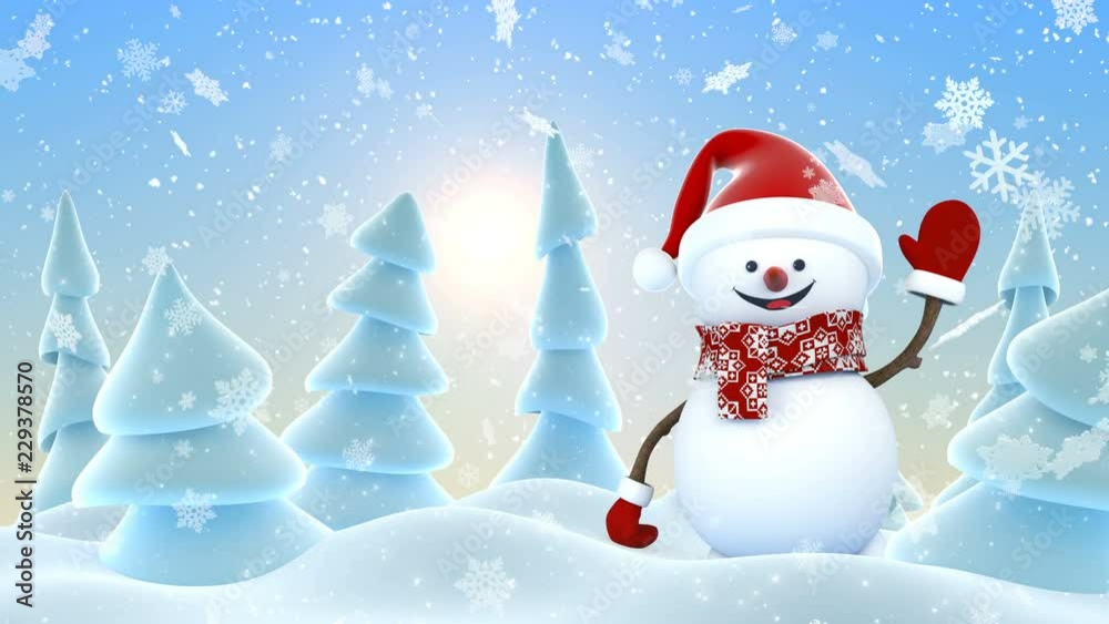 Cute Snowman in Red Santa Hat Greeting with Hands and Smiling in Sunny Snowfall. Beautiful 3d Cartoon Animation. Animated Greeting Card. Merry Christmas Happy New Year Concept. 4k Ultra HD 3840x2160 Cute Snowman in Red Santa Hat Greeting with Hands and Smiling in Sunny Snowfall. Beautiful 3d Cartoon Animation. Animated Greeting Card. Merry Christmas Happy New Year Concept. 4k Ultra HD 3840x2160