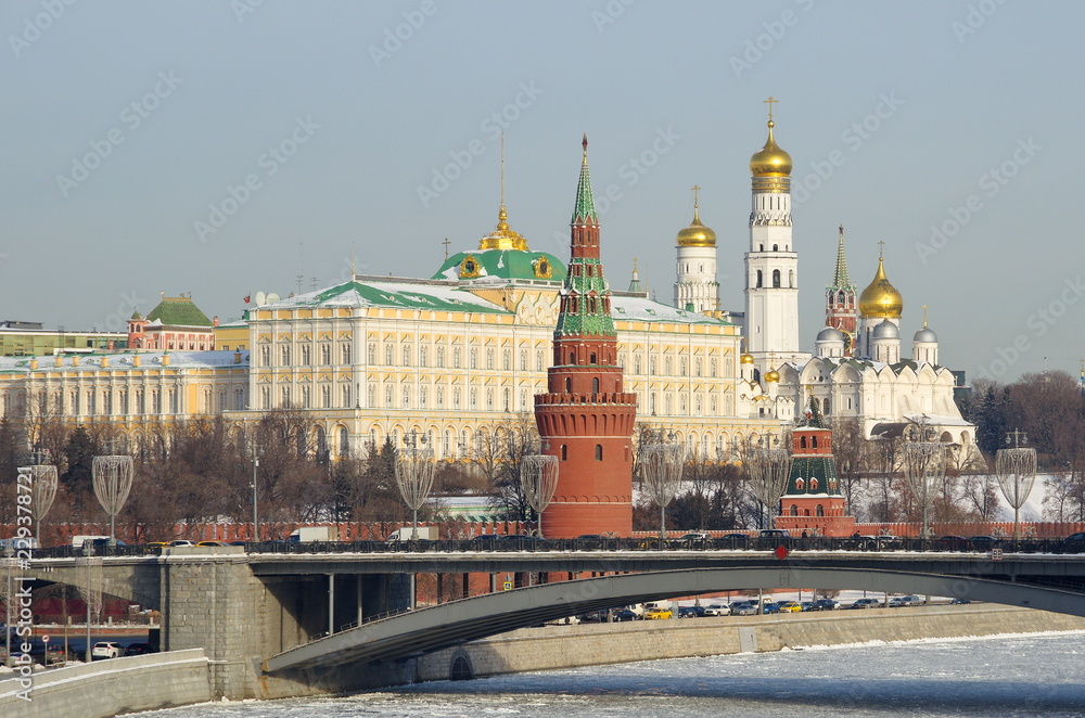Winter view of the Moscow Kremlin and the Big Stone bridge. Moscow, Russia