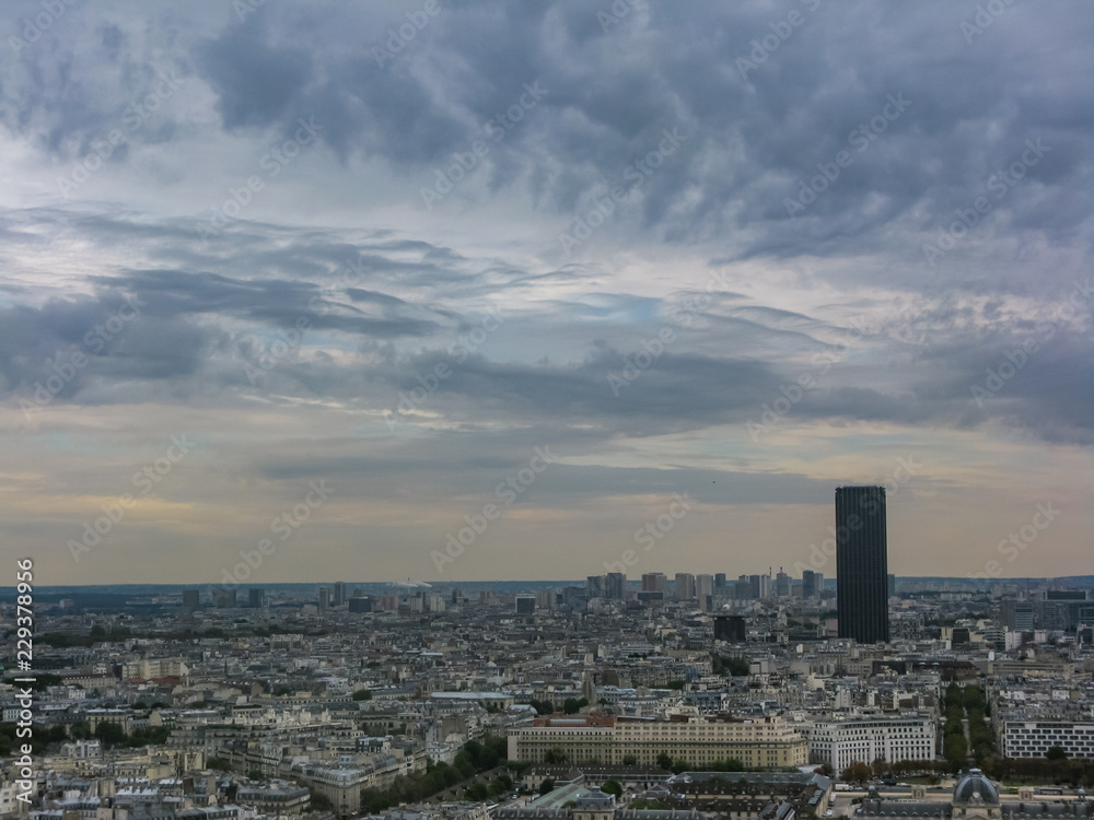 aerial view of Paris under cloudly sky France