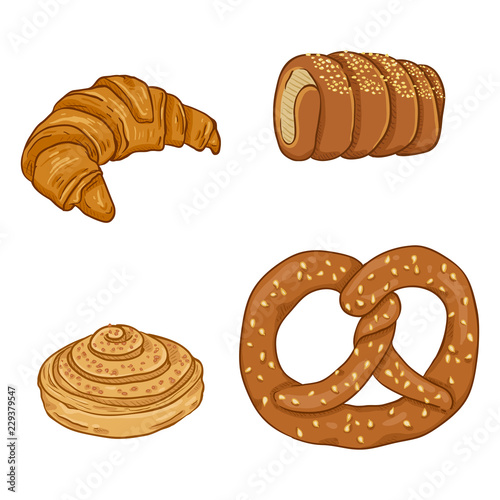 Vector Cartoon Set of Fresh Baked Pastry Items. Desserts and Snacks.