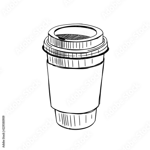 Paper coffee cup hand drawn vector illustration on white background. Coffee to go outline sketch drawing