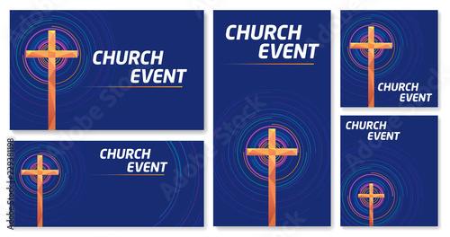 Vector set of blank banner Cross Church event Colorful abstract circles blue background