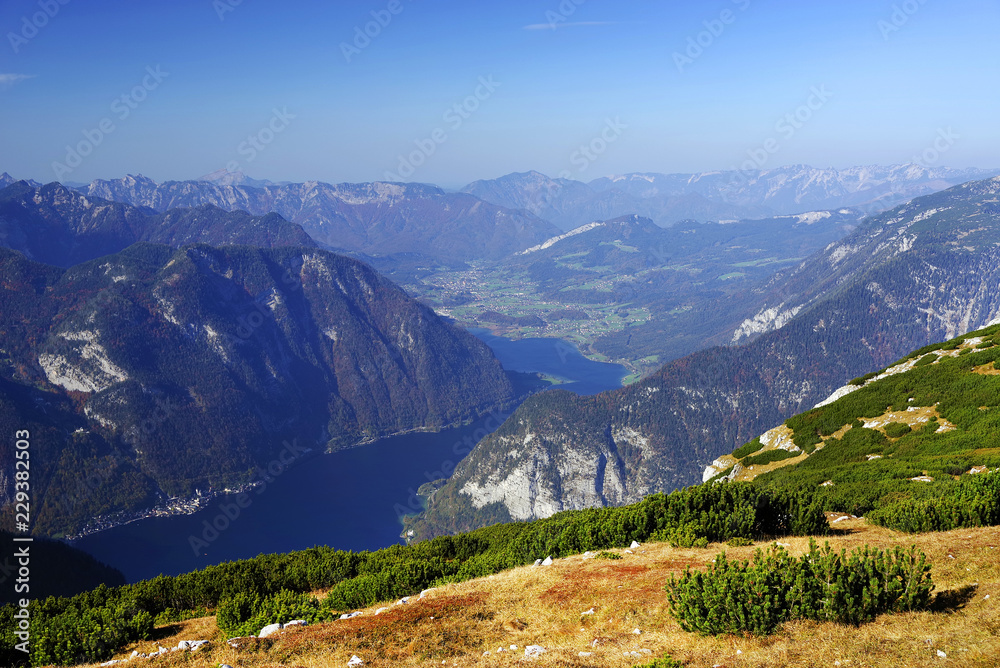 Scenic landscape of the Austrian Alps from the Krippenstein of the Dachstein Mountains range in Obertraun, Austria, Europe