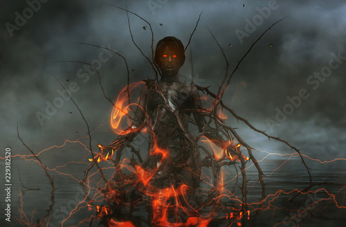 Photos 3d illustration of Demon in the lake,Scary background mixed media