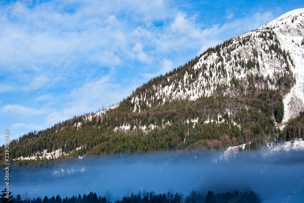 Cold Mountains Landscape. Grundlsee, Austria. Copy Space.