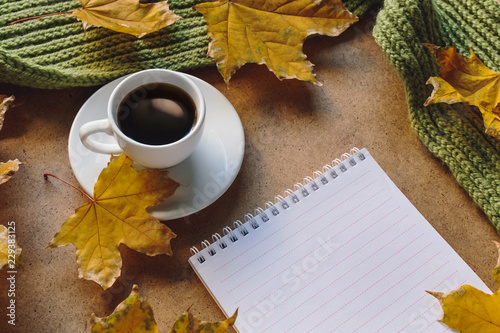 Autumn mood. White cup of coffee, clean sheets notebook and yellow maple leaves, green scarf. 