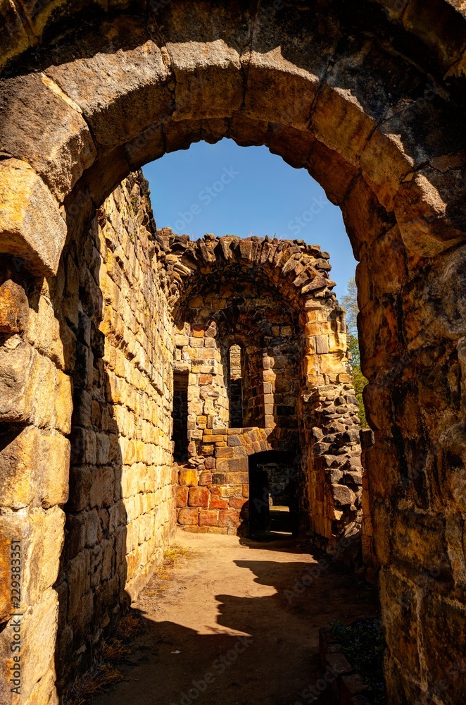 Inside medieval ruin of Kirkstall Abbey in Leeds. Great Britain.