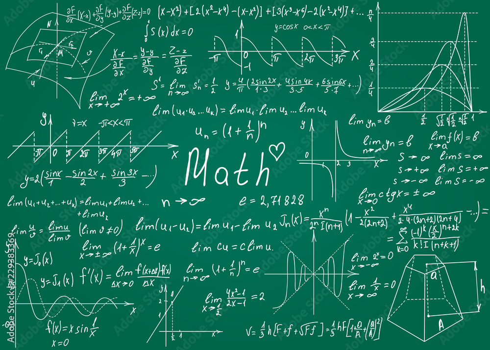 Mathematical formulas drawn by hand on the green chalkboard for the background. Vector illustration. Mathematical formulas drawn by hand on the green chalkboard for the background. Vector illustration.