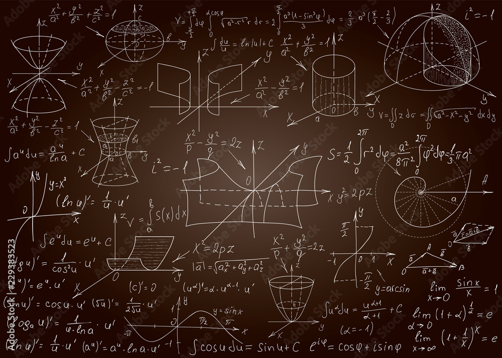 Mathematical formulas drawn by hand on a brown chalkboard for the background. Vector illustration.