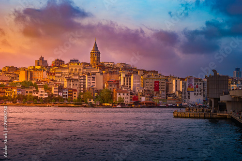 Istanbul cityscape in Turkey with Galata Tower, 14th-century city landmark in the middle.